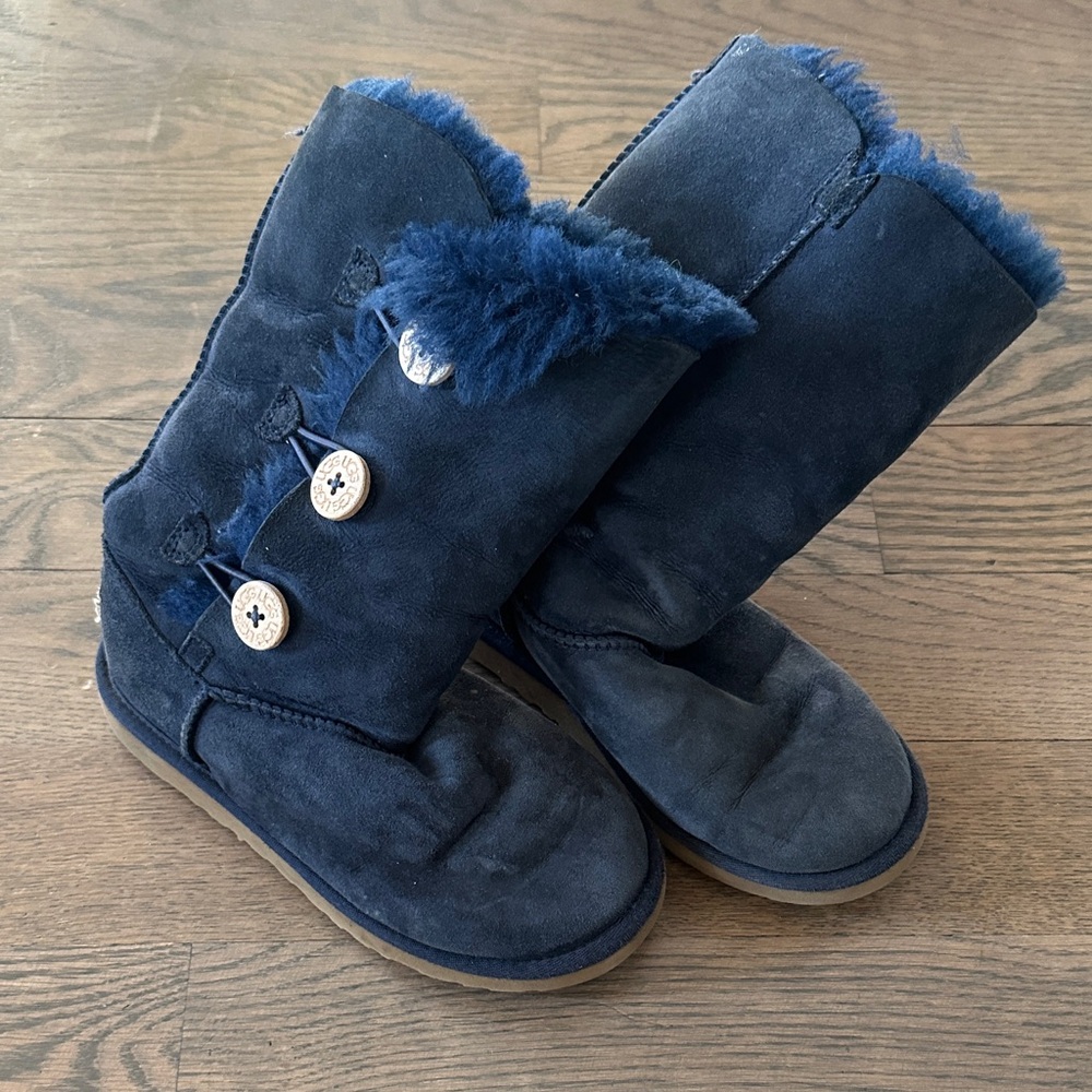 Ugg Kids Navy Suede Button-Accent Shearling Boots